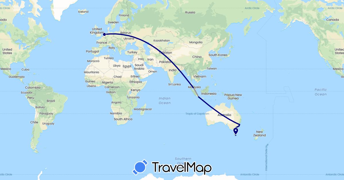 TravelMap itinerary: driving, plane, boat in Australia, Indonesia, Malaysia, Netherlands (Asia, Europe, Oceania)